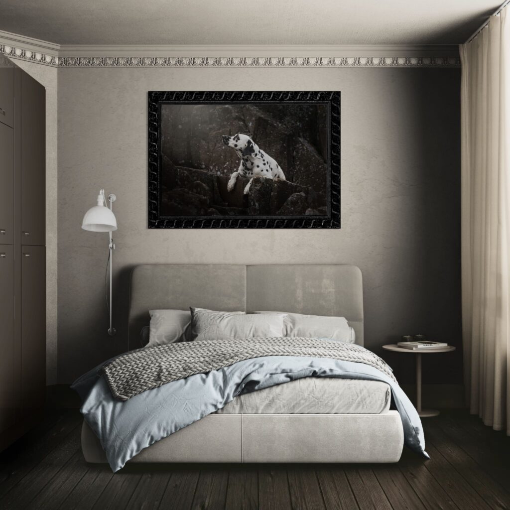 Framed portrait of a dog displayed as wall art in a modern bedroom.